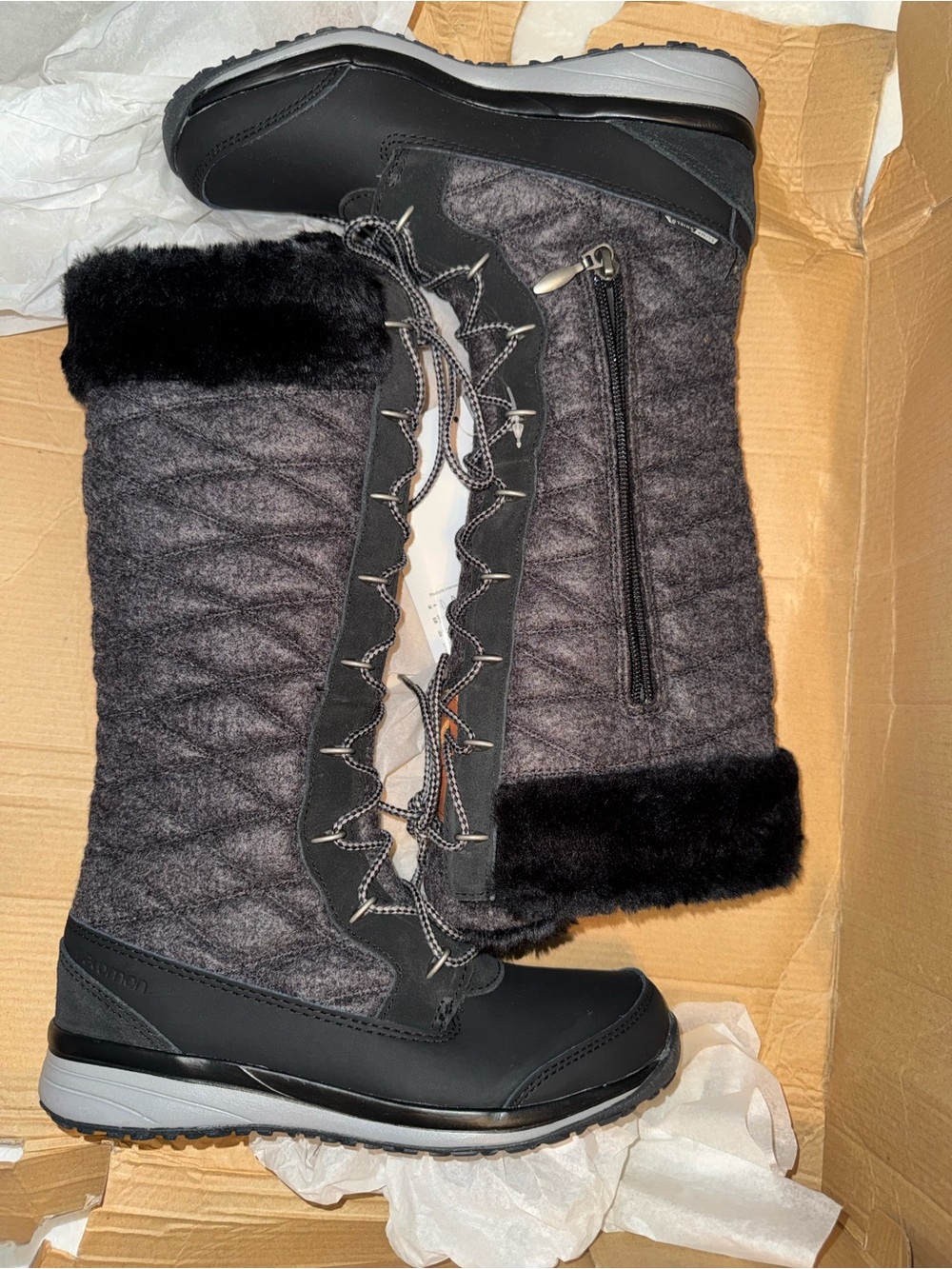 Salomon Black and Gray Quilted Fur-Trim Winter Boots
